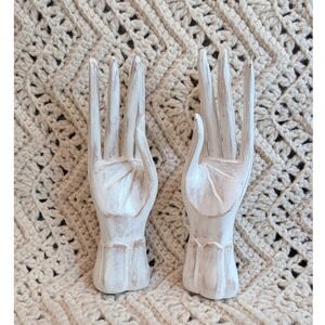 Novica Indonesia Carved Wood Hand Statues White Distressed Jewelry Display Set 2